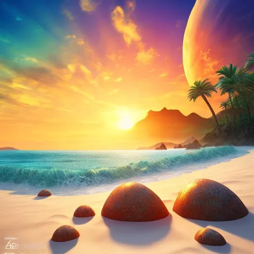 Prompt: Realistic illustration of a sunrise over a beach landscape, ocean view, with islands in the distance, mandala coming from the sun, high quality realism, landscape art, sandy beach, ocean, islands, faded trippy mandala