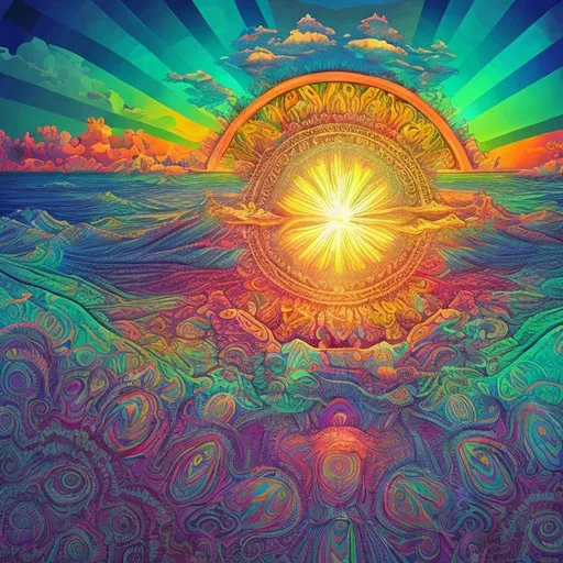 Prompt: Realistic illustration of a trippy sunrise over a beach landscape, ocean view, with islands in the distance, faded mandala in the sun, psychedelic art style, detailed sun rays, faded mandala design, high quality