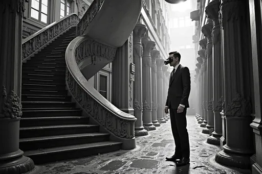 Prompt: 7 floors, watch with goggles, elevators, stairs,  detailed, operatic, prisoned, slime dripping from walls