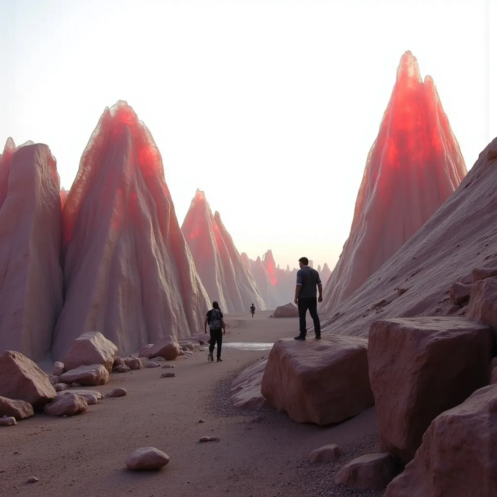 Prompt:  futuristic surreal hilly landscape, translucent rocks, danger, action, dutch angle, deep white sky,  dramatic encounter with the enemy, red sky, fire in distance