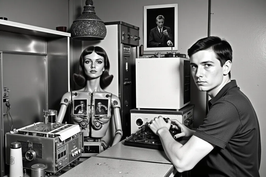 Prompt: Bored looking young man giving computer lessons to his slave mannequin