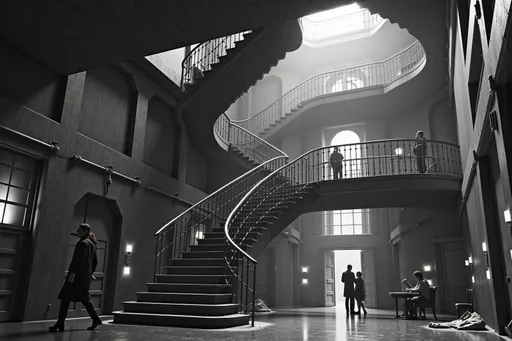 Prompt: 7 floors, watch with goggles, elevators, stairs,  detailed, operatic, prisoned, slime dripping from walls