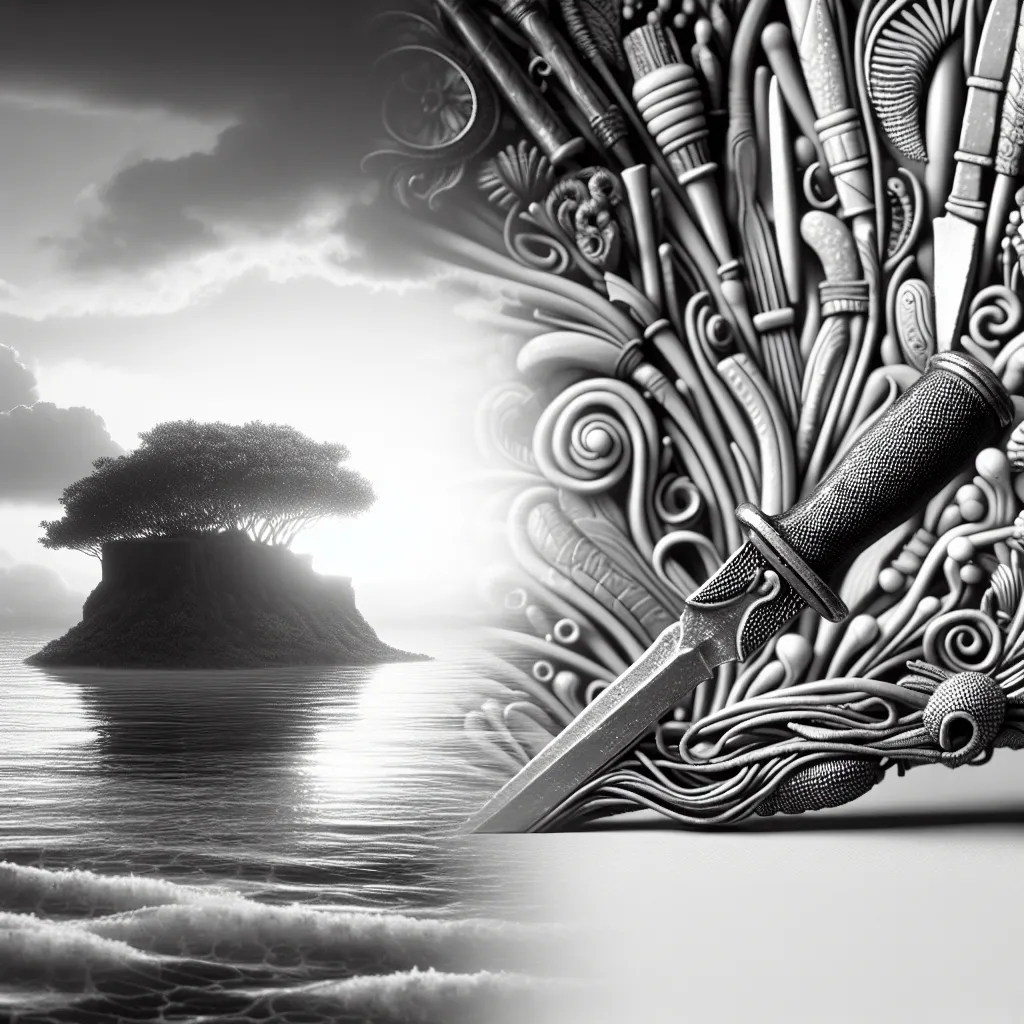 Prompt: island, blade, black, silver screen, melancholy, surgery and pleasure,  alter, weave, hot wax