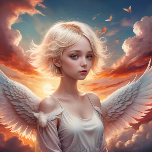 Prompt: Surrealism illustration of a girl with short blond hair, big white wings, sunset sky, dreamy clouds, surreal style, vibrant colors, ethereal atmosphere, detailed feathers, atmospheric lighting, fantasy, dreamlike, high quality, surrealism, sunset colors, detailed hair, angelic, surreal lighting