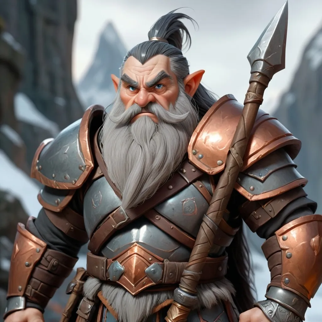 Prompt: Dwarve with a huge spear. he is wearing a heavy copper armor. he has greyish black hair and is quite old but still fit