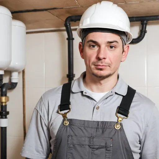 Prompt: a plumber in gray overalls, a white helmet on his head