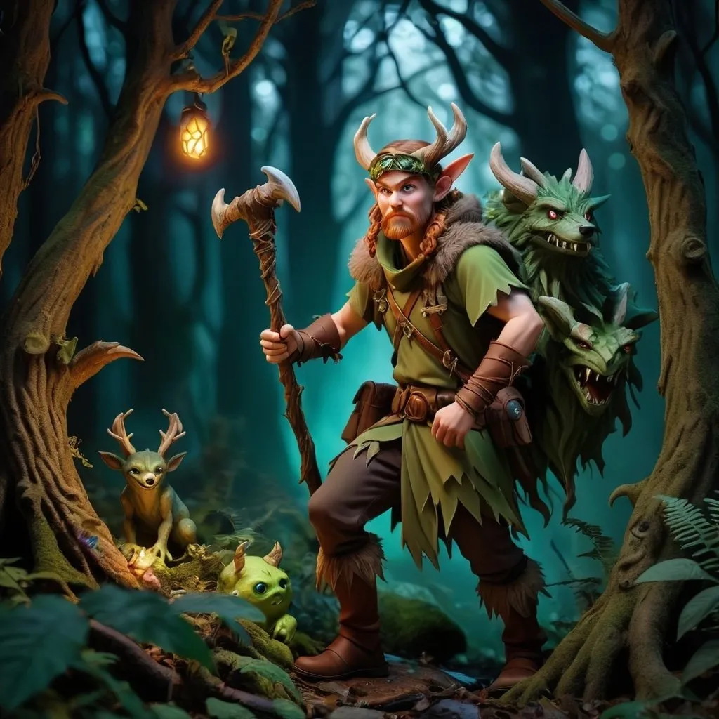 Prompt: Druid ranger in a mystical forest in the dark with monsters