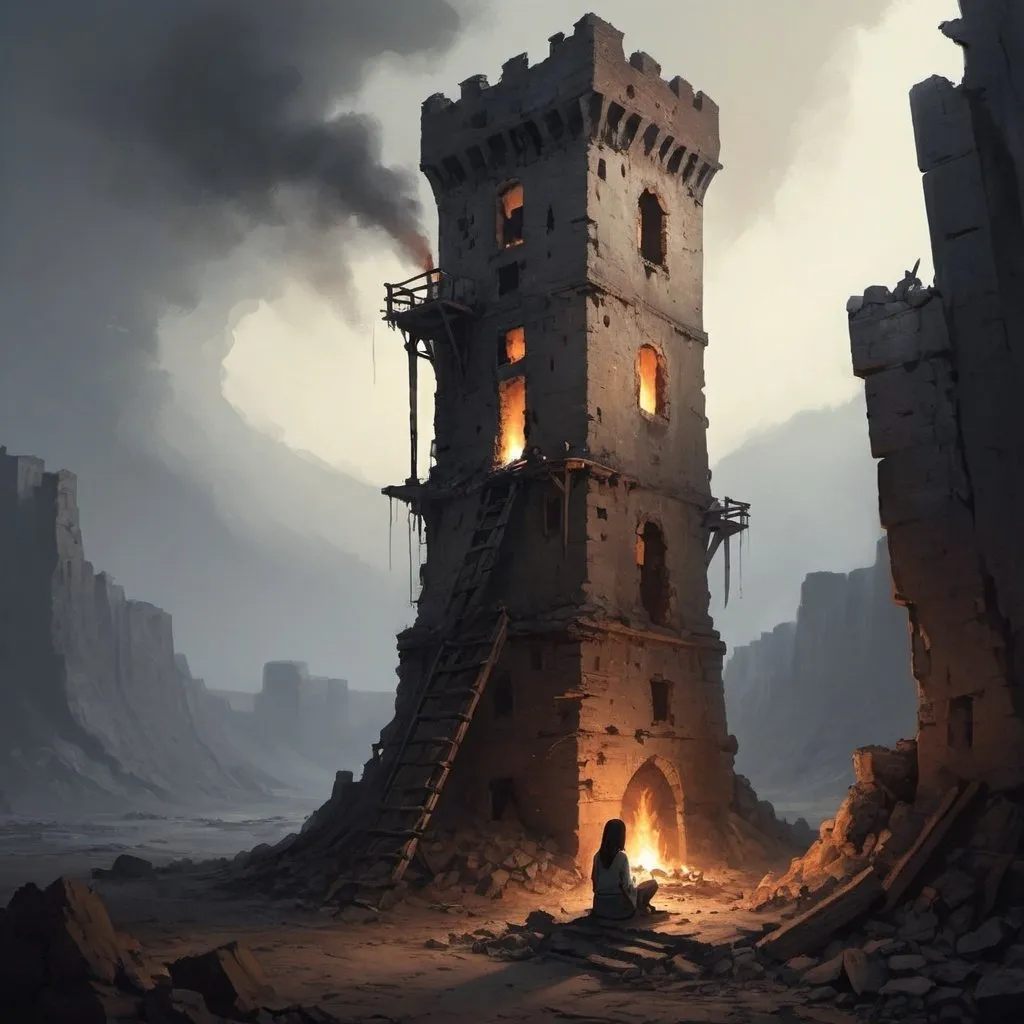Prompt: : The Crumbling Tower

Cut to a crumbling tower, standing tall amidst the desolation. Inside, a young woman, Mira, sits by a small fire, her face marked by hardship.