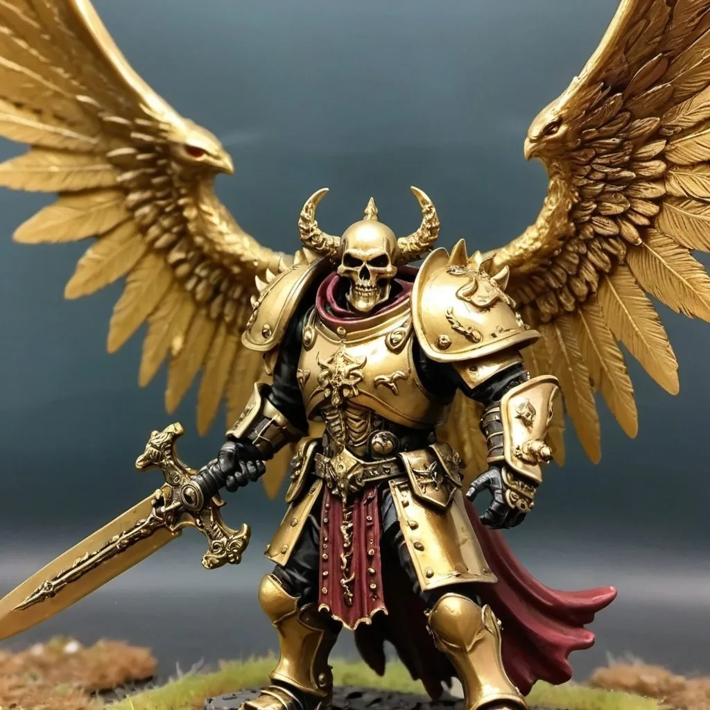 Prompt: squlls and weapons on batlefield with a c godly champion winged and clothed in gold with blade of horrors
