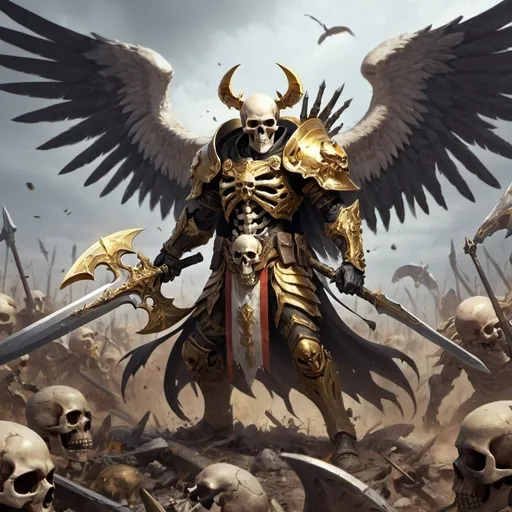 Prompt: Skulls and weapons on battlefield, a godly champion with wings and gold attire, wielding a horrifying blade, stands on cadavers.
