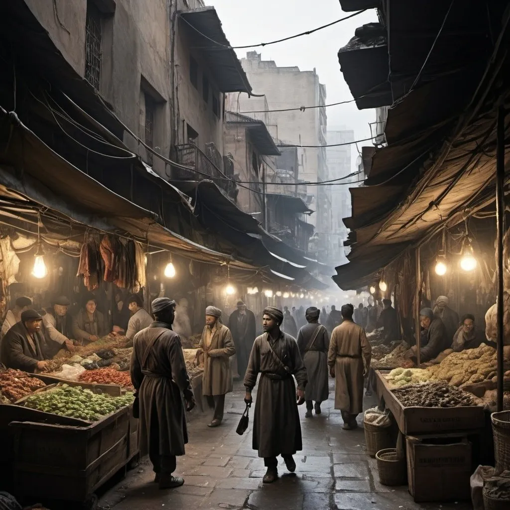 Prompt: Scene 3: The Black Market

Shift to the bustling underground of the Black Market. Traders and thieves barter goods, and the air is thick with desperation.

Narrator (Voiceover):
"In the heart of the city, the Black Market thrived. It was here that Mira met Cal, a former soldier who had turned to trading information for survival."