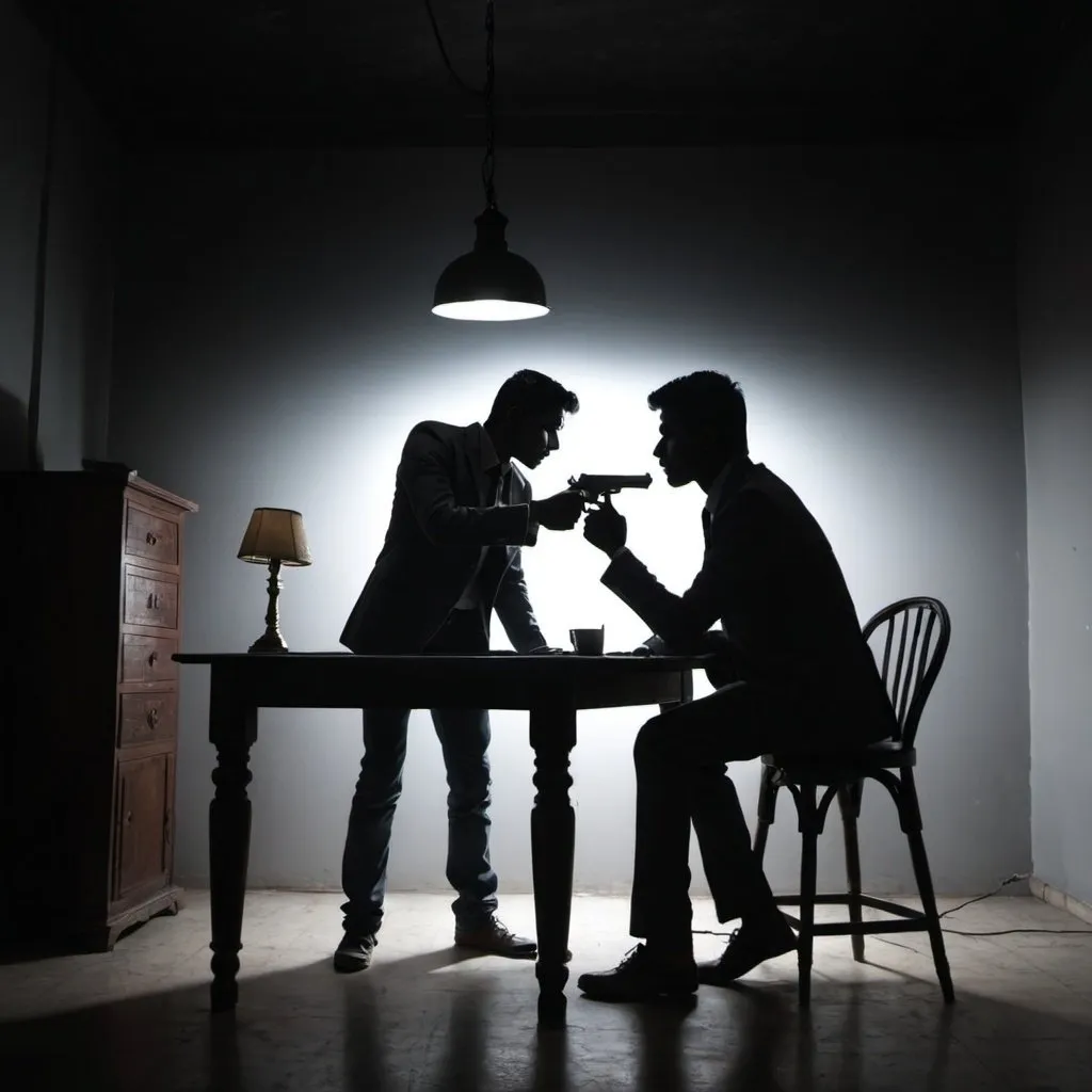 Prompt: Silhouette of 2 young Indian men sitting at a table. A lamp dangling is on top of the table in an otherwise black room. The man in jeans and ganjees is pointing the gun at the man in a suit.