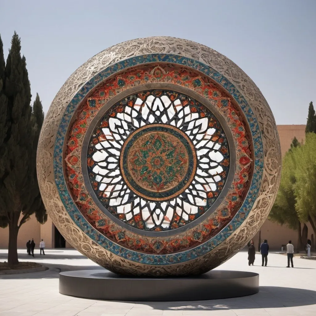 Prompt: "Please design a big sculpture that combines elements of Iranian arts with Aynekari