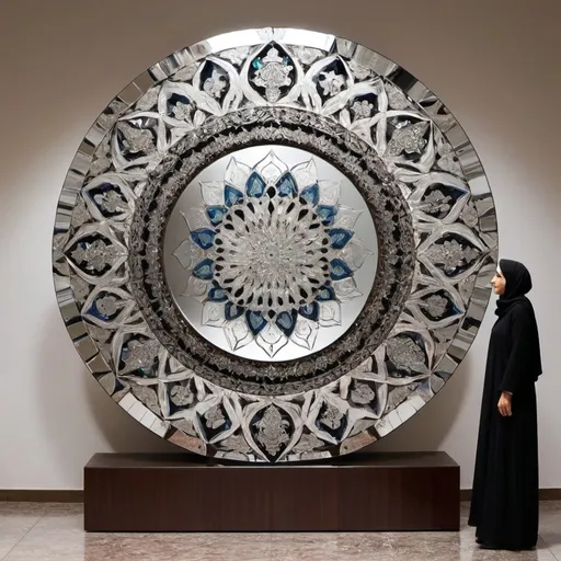 Prompt: "Please design a big sculpture that combines elements of Iranian arts with mirror art