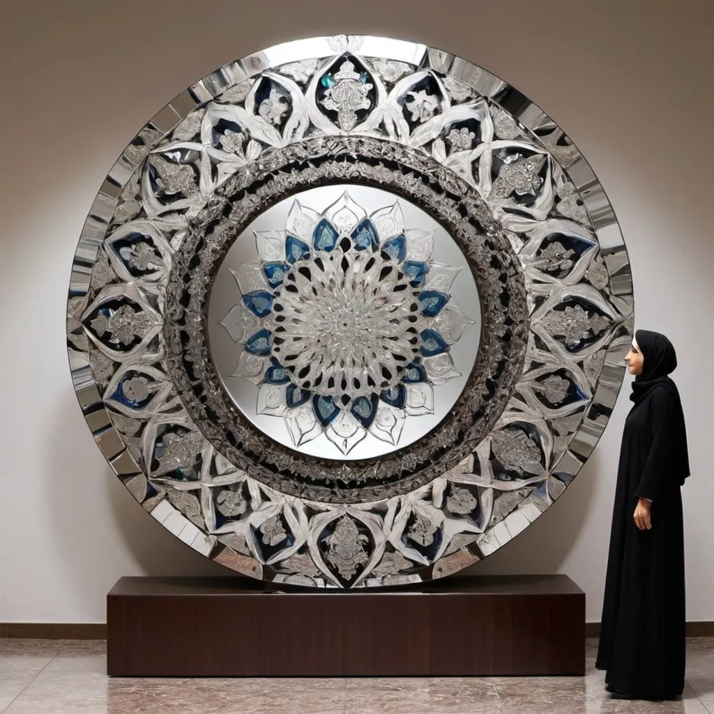 Prompt: "Please design a big sculpture that combines elements of Iranian arts with mirror art