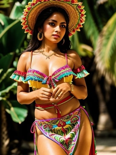 Prompt: Beautiful, small, Mexican woman, traditional dress, vibrant colors, tropical background, high quality, detailed illustration, traditional Mexican, bright tones, warm lighting. Show her body off more. 