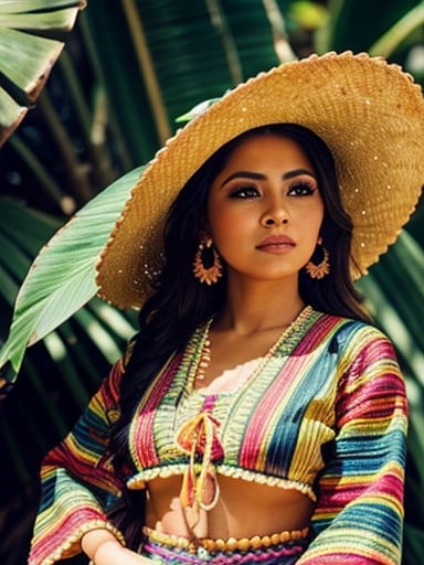 Prompt: Beautiful, small, Mexican woman, traditional dress, vibrant colors, tropical background, high quality, detailed illustration, traditional Mexican, bright tones, warm lighting