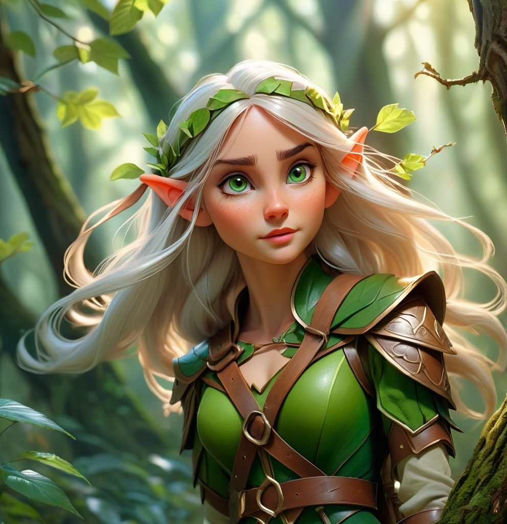 Prompt: Elf ranger in a mystical forest around sunlight