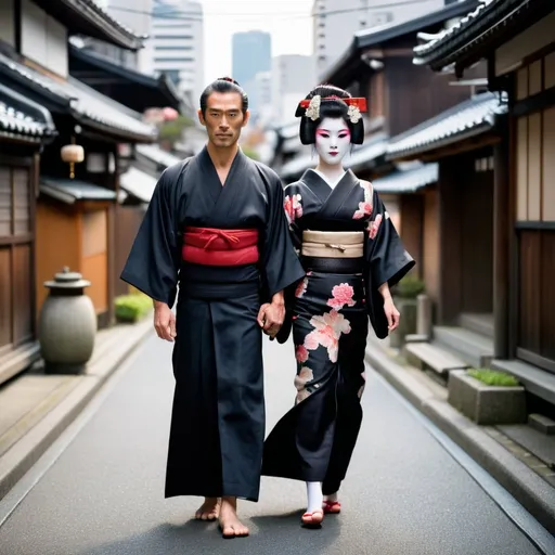 Prompt: A tall and muscular Japanese man dressed up in black kimono walking in old Tokyo street. He is accompanied by a geisha wearing tradional Japanese dress. 