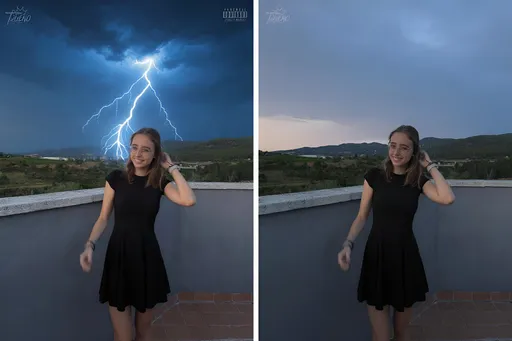 Prompt: fusiona las dos fotos sin deformarme a mi y solo modifica el cielo poniendo el relampago y el color pero sobre todo no me toques a mi