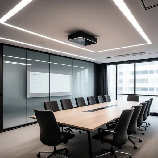 Prompt: "A modern, glass-walled meeting room with a large table, comfy office chairs, and a projector setup, clean style, shot with Sony A7III, 35mm lens"
