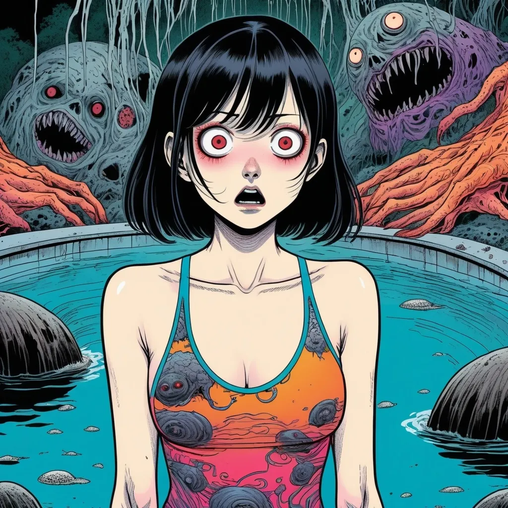 Prompt: Junji Ito manga style, cute scared 25 year old woman wearing swimsuit, manga scene