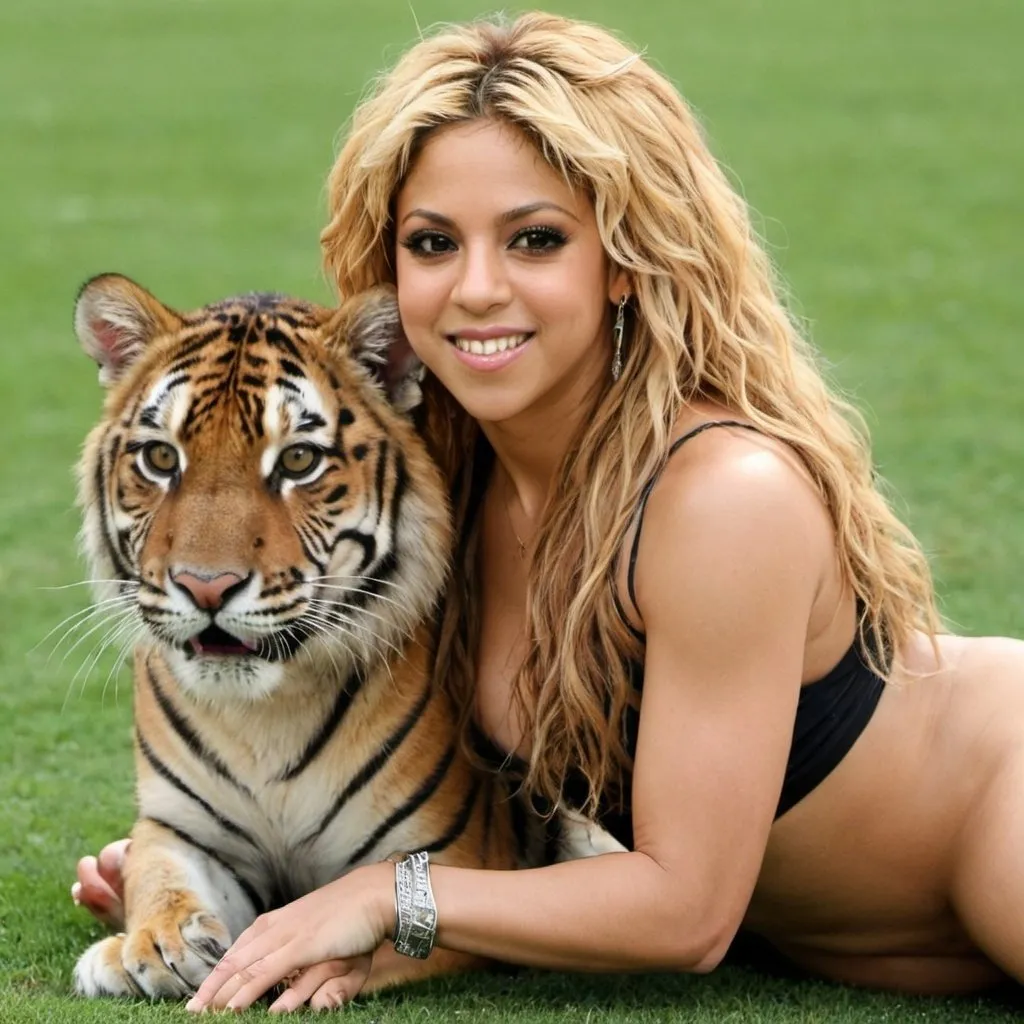 Prompt: shakira  a poil pres un tigre