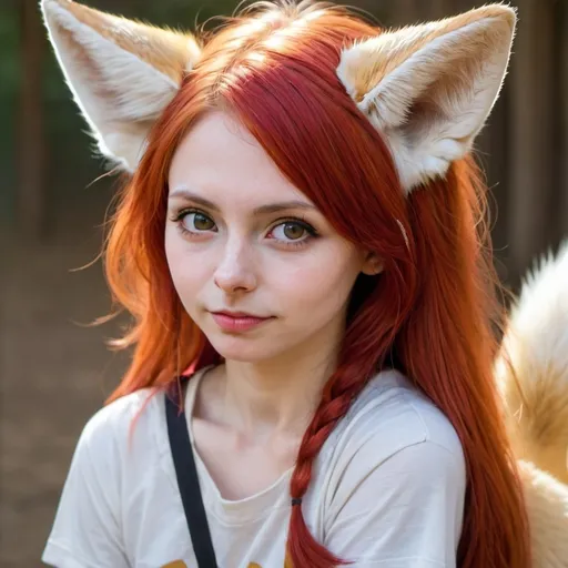 Prompt: Fennec hybrid, girl, fox ears and tail, red hair