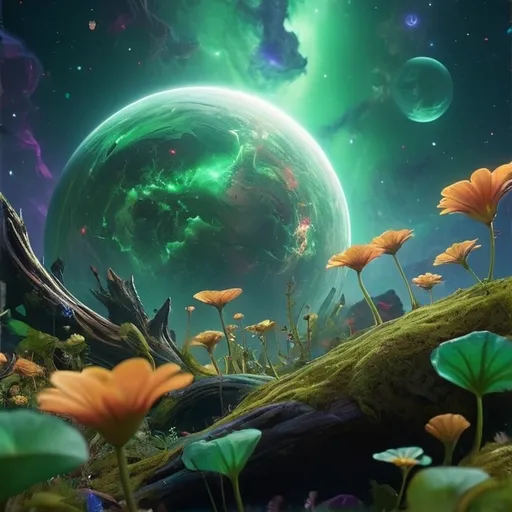 Prompt: (universe , (highly detailed), surreal lighting,, vibrant greens mixed with deep shadows, enchanting atmosphere, tranquil vibe, , intricate details, high-quality textures, (Unreal Engine), captivating composition, cinematic depth, (4K) quality.