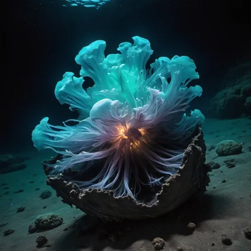 Prompt: A toxic algale bloom with bioluminescent streaks illuminating a dark pearl in the depths of the sea