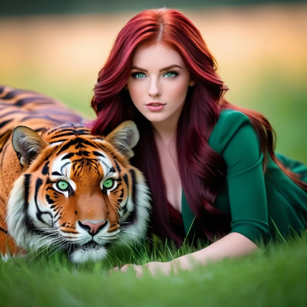 Prompt: photorealistic, Nikon D780 with AF-S Nikkor 85mm f/1.8G, hot red head, dark red hair, purple highlights, green eyes, 18 years old. Riding a large tiger through a meadow.