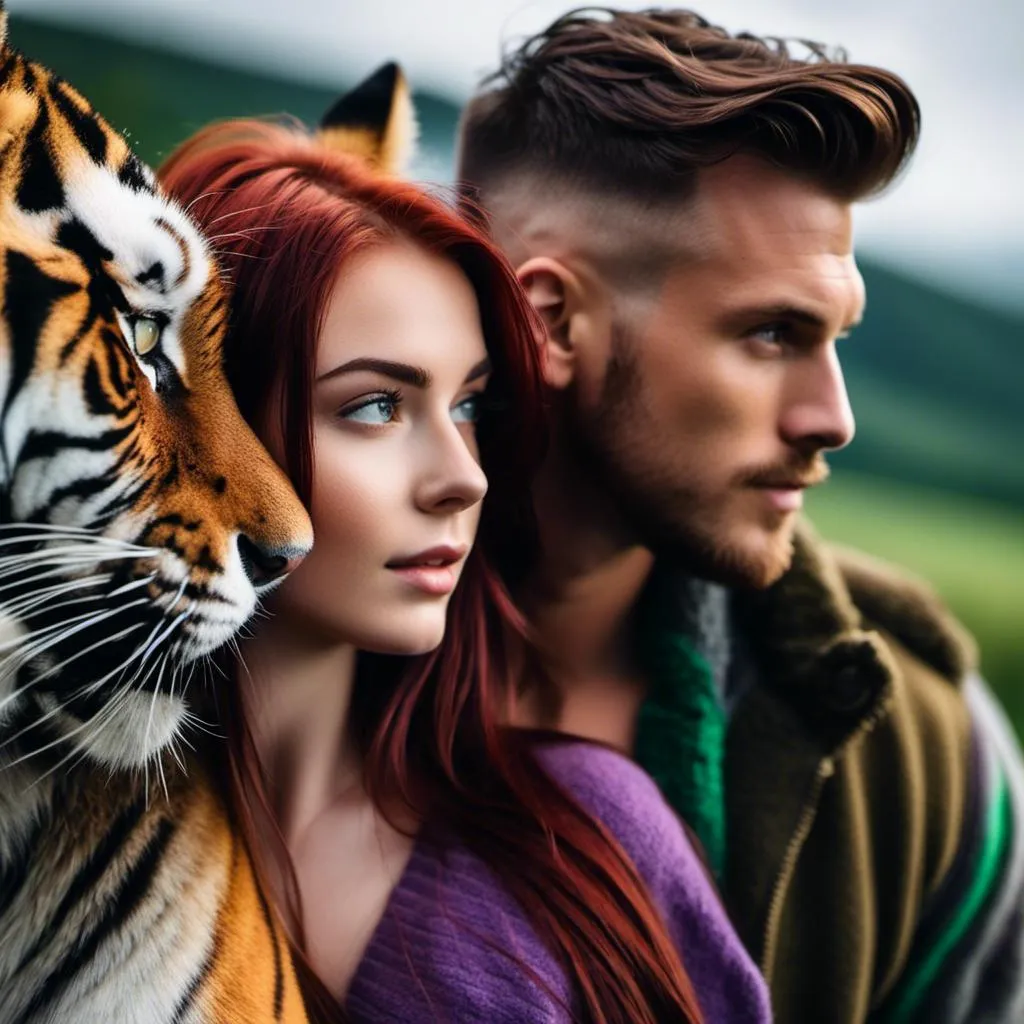 Prompt: <mymodel> an attractive, 18 year old Irish woman, dark red medium length hair with purple highlights, green eyes, happy, walking arm-in-arm with a ruggedly handsome tall dark haired man with a high fade haircut who looks like Ragnar. A Majestic Siberian Tiger protects them.