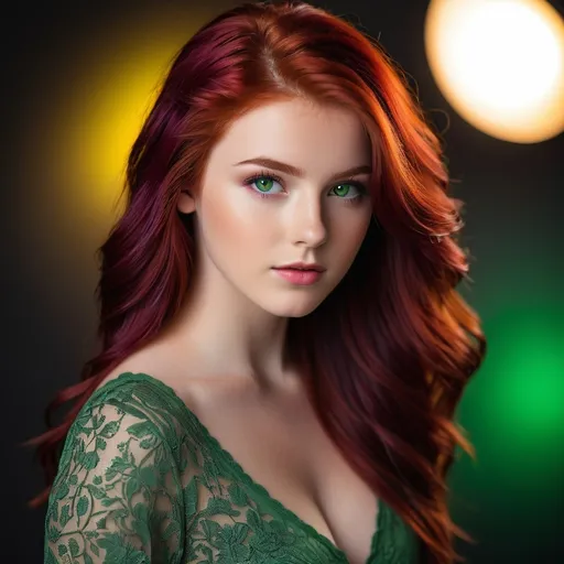 Prompt: photorealistic, Nikon D780 with AF-S Nikkor 85mm f/1.8G, in studio, perfect lighting, extremely hot red head, dark red hair, purple highlights, green eyes, 18 years old, looks young, no makeup