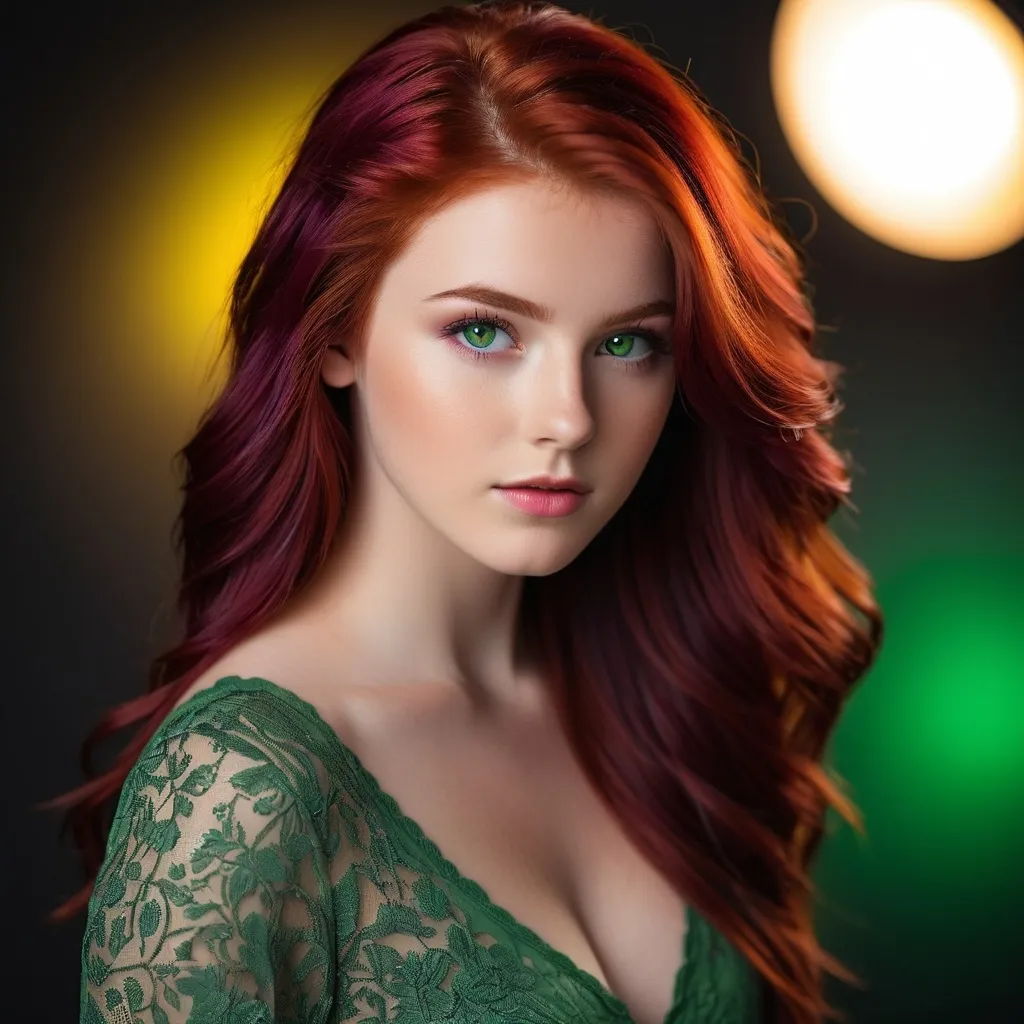 Prompt: photorealistic, Nikon D780 with AF-S Nikkor 85mm f/1.8G, in studio, perfect lighting, extremely hot red head, dark red hair, purple highlights, green eyes, 18 years old, looks young, no makeup