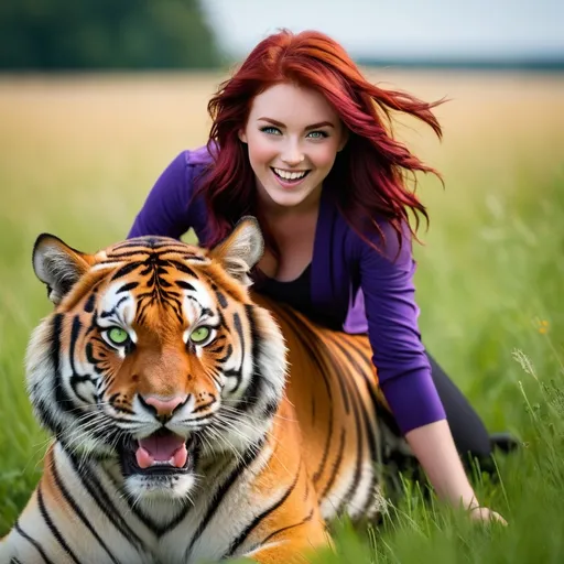 Prompt: photorealistic, Nikon D780 with AF-S Nikkor 85mm f/1.8G, hot red head, dark red hair, purple highlights, green eyes, 18 years old, laughing. Riding a large tiger through a meadow.