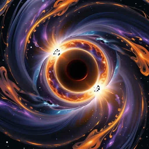 Prompt: Imagine a scene where time has reached its final moments, and at the heart of this cosmic conclusion lies a black hole, the ultimate devourer of everything. Visualize the black hole as a swirling vortex, pulling in the remnants of stars, galaxies, and the very fabric of spacetime itself.

Your task is to create an artwork that captures the essence of this profound moment:

Depict the black hole as a mesmerizing whirlpool of darkness and light, bending and distorting the last vestiges of the universe.
Use colors to convey the cosmic drama—blues and purples symbolizing the cold emptiness of space contrasted with fiery oranges and reds representing the dying embers of celestial bodies.
Incorporate elements that suggest the passage of time—fragments of ancient galaxies, remnants of stars long gone, and perhaps ethereal wisps hinting at the memories of civilizations lost to the abyss.
Through your AI-generated artwork, explore the concept of entropy, the inevitable fate of all things, and the beauty found in the cosmic dance at the end of time.