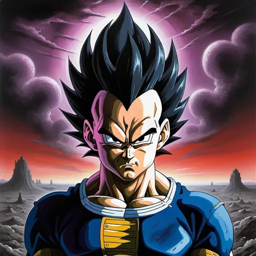 Prompt: reate a surreal and haunting image featuring Vegeta from Dragon Ball Z in his Ultra Ego form, infused with the dark, eerie atmosphere of Zdzisław Beksiński's nightmare art. Imagine Vegeta with a menacing presence, his traditional Saiyan armor torn and tattered, and his hair glowing a sinister purple hue, signifying his ultimate power. Surround him with a desolate, apocalyptic landscape filled with twisted, grotesque structures and abstract, nightmarish figures that blur the line between reality and nightmare. The sky should be a tumultuous blend of dark, stormy clouds and ominous, otherworldly hues, casting an eerie light on the entire scene. Vegeta's intense gaze should pierce through the chaos, embodying both power and the terror of the surreal world around him.