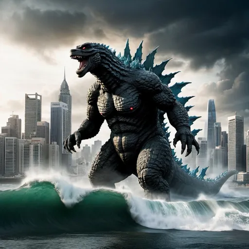 Prompt: Godzilla rising out of the sea front of city