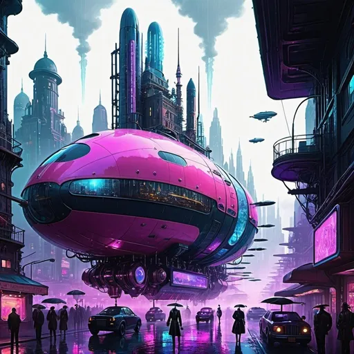 Prompt: Create an artwork of a sprawling megacity that fuses elements of steampunk, cyberpunk, and synth-wave aesthetics. This futuristic metropolis should feature towering skyscrapers adorned with Victorian-era gears, pipes, and brass fittings, intertwined with neon-lit cybernetic enhancements and holographic billboards. The cityscape should be bathed in vibrant synth-wave hues of neon pink, electric blue, and deep purple, reflecting off rain-slicked streets. Airships and drones hover above, while the streets below are bustling with a mix of steam-powered automatons and cybernetically augmented humans. The overall atmosphere should be a dynamic blend of retro-futuristic charm and high-tech sophistication, evoking a sense of awe and wonder.