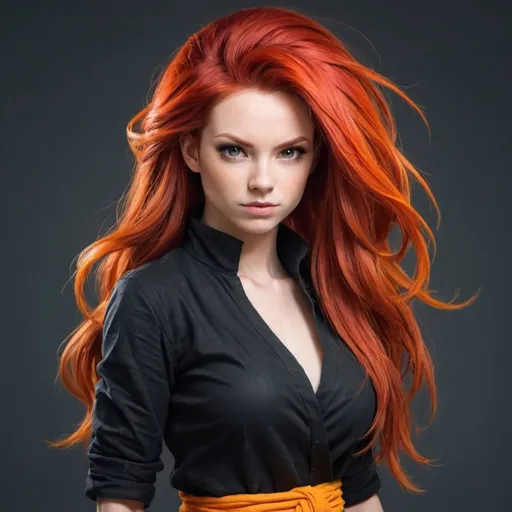 Prompt: make a redhead female Saiyan give her long hair