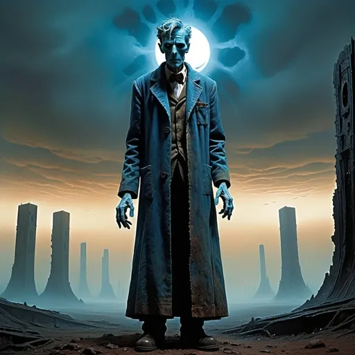 Prompt: Reimagine the Doctor from Doctor Who as a figure inspired by the haunting, dystopian style of Zdzisław Beksiński. In this eerie rendition, the Doctor’s usual charismatic and lively appearance is replaced by a nightmarish, ethereal presence. His iconic outfit is now a tattered, flowing garment, covered in intricate, shadowy patterns that evoke a sense of desolation and decay.

His face is partially obscured, with hollow, spectral eyes that seem to peer into the very essence of time itself. The Doctor’s sonic screwdriver is transformed into a dark, twisted relic, pulsating with an otherworldly energy. The setting is a decaying, alien landscape, filled with crumbling ruins and eerie, skeletal structures, reminiscent of Beksiński’s apocalyptic visions.

The TARDIS, usually a symbol of hope and adventure, stands in the background as a towering, rusted monolith, its blue paint peeling away to reveal a menacing, shadowy core. Surrounding the Doctor are ghostly apparitions and twisted, skeletal figures, blending seamlessly with the surreal, dystopian environment.

Capture the essence of Beksiński’s surreal and unsettling art style in this reimagined portrayal of the Doctor, highlighting the fusion of the grotesque and the ethereal, creating a hauntingly beautiful and dark vision.