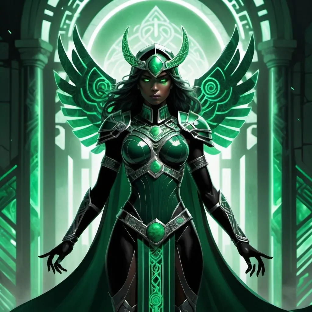 Prompt: Description:
Create an artwork depicting Malachite Valkyrie, a dark hero blending ancient mysticism and futuristic technology. She wears sleek, dark armor with a subtle green malachite sheen, adorned with intricate Celtic knot-like patterns and futuristic circuitry. A flowing cloak of shadowy fabric billows around her, shifting from deep green to black. Her helmet features an angular design with a glowing green visor, concealing her face in mystery.

Scene:
Show Malachite Valkyrie standing amidst ancient ruins or a futuristic cityscape at twilight. Shadows play around her, and faint traces of malachite-like energy emanate from her armor. She holds a blade etched with glowing runes, while spectral warriors shimmer in the background, summoned by her haunting melody.

Mood:
The artwork should convey a sense of stoic determination and inner conflict. Malachite Valkyrie's presence exudes a blend of ancient wisdom and futuristic heroism, as she confronts unseen foes and battles the darkness within herself.