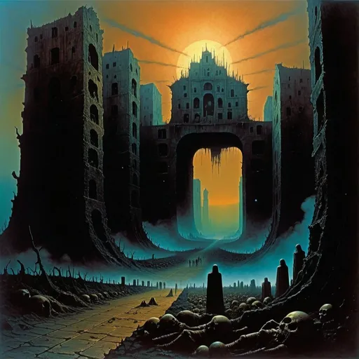 Prompt: create a Zdzisław Beksiński image of the dead city of Necrophosis at the end of existance 