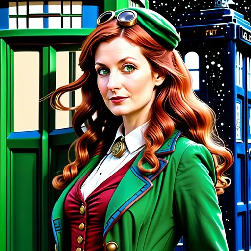 Prompt: Create an illustration of the 34th Doctor, a young and curvy Time Lady, appearing around the age of 34. She has long, flowing red hair and is wearing green steampunk clothing, complete with intricate details and accessories that highlight her figure. She dons a pair of green, round aviator goggles on her head, which rest on her forehead. The Doctor stands confidently beside her repaired TARDIS, which is fully restored and gleaming with intricate designs and polished surfaces make the TARDIS green. The alien world around her is vibrant and exotic, with strange plants, otherworldly landscapes, and a sky that hints at distant galaxies. The scene should evoke a sense of adventure and mystery, capturing the essence of the Doctor's timeless journey.