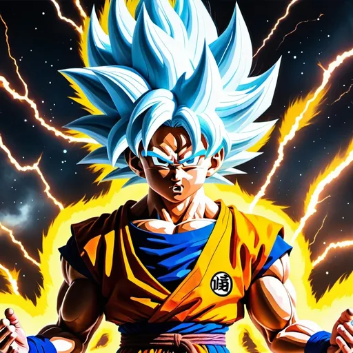 Prompt: AI Art Prompt:

Create a dynamic and intense image of Super Saiyan Infinity Breaker Goku. His aura should crackle with chaotic energy, a mesmerizing blend of dark and light energies constantly in flux. His hair, stark white with striking black streaks, flows wildly as he powers up. Goku's eyes flicker with a spectrum of vibrant colors, reflecting the immense power within him. Surrounding him, the environment should be charged with raw energy, distorting the space around him with electrifying intensity. The background should enhance the sense of immense power, perhaps featuring a cosmic or otherworldly landscape, emphasizing the extraordinary nature of his transformation.