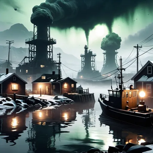 Prompt: create a wallpaper of far harbour, make it full of nuclear fog and extremely ghostly and otherworldly