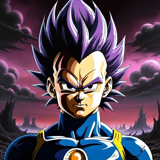 Prompt: create a surreal and haunting image featuring Vegeta from Dragon Ball Z in his Ultra Ego form with deep purple hair, infused with the dark, eerie atmosphere of Zdzisław Beksiński's nightmare art. Imagine Vegeta with a menacing presence, his traditional Saiyan armor torn and tattered, and his hair glowing a sinister purple hue, signifying his ultimate power. Surround him with a desolate, apocalyptic landscape filled with twisted, grotesque structures and abstract, nightmarish figures that blur the line between reality and nightmare. The sky should be a tumultuous blend of dark, stormy clouds and ominous, otherworldly hues, casting an eerie light on the entire scene. Vegeta's intense gaze should pierce through the chaos, embodying both power and the terror of the surreal world around him.