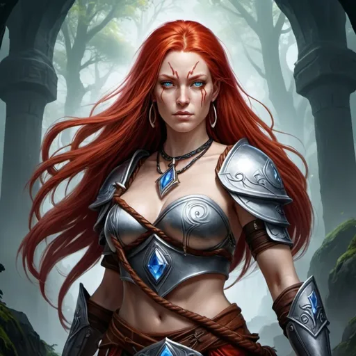 Prompt: create a spellforce poster create a Rune Slave human female with long red hair, dual wield big curves with a Soul Rune as a necklace 