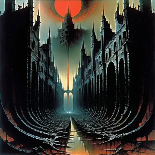 Prompt: create a Zdzisław Beksiński image of the metal and flesh city of Scorn fill it with sorrowful dead at the end of existence, make it extremely dark and gothic