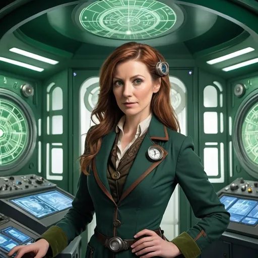 Prompt: Illustrate the 34th Doctor, a Time Lady appearing to be in her mid-30s with long auburn hair. She is dressed in intricate green steampunk attire and wears aviator goggles resting on her forehead. The Doctor stands proudly in her brand-new TARDIS control room, which features a predominant Malachite color scheme and is adorned with intricate Gallifreyan symbols across the walls and floor, emitting a soft, ethereal glow. The central control panel is hyper-advanced, showcasing holographic displays, touch interfaces, and complex mechanical components.
In her hand, the Doctor holds a sleek sonic device that matches the aesthetic of the control room, demonstrating its seamless integration with the TARDIS technology. The scene should evoke a sense of wonder and sophistication, highlighting both the Doctor's mastery of time and space and the intricate beauty of Gallifreyan technology.